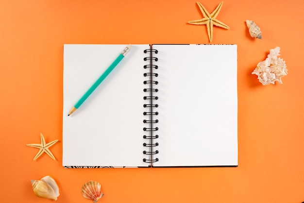 Notebook with a pencil and seashells on orange and blue 