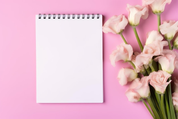 a notebook with pink flowers on a pink background.