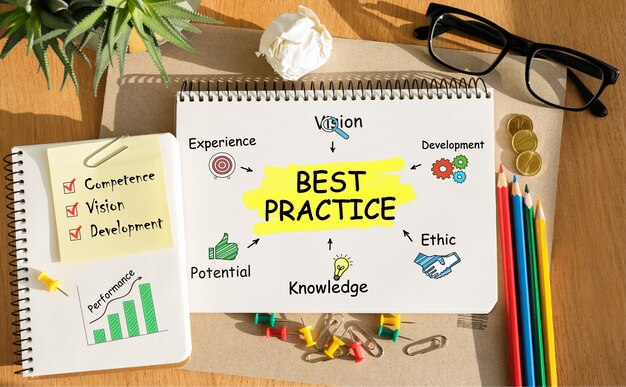 Photo notebook with toolls and notes about best practice