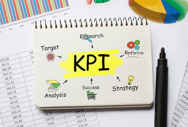 KPI, 개념에 대한 도구 및 메모가있는 노트북