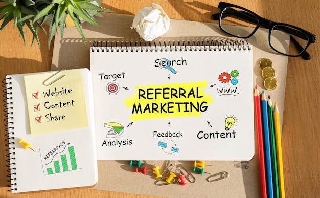 Notebook with Toolls and Notes about Referral Marketing