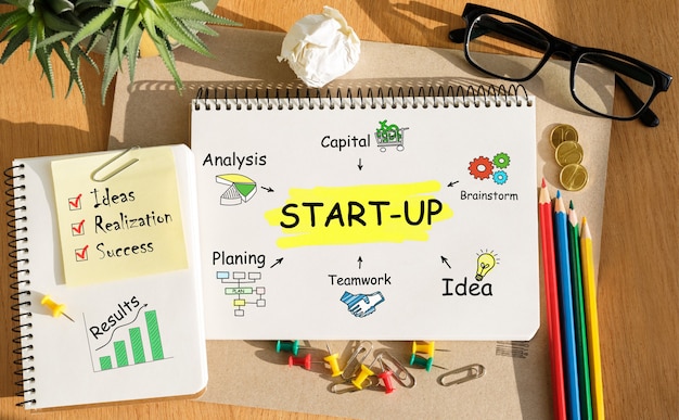 Notebook with Toolls and Notes about Start Up