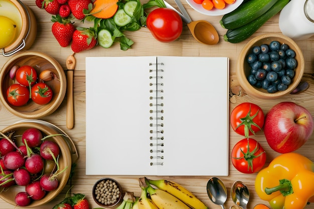 Notebook with word diet and different vegetables on wooden table top view