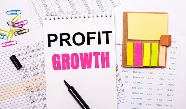 A notebook with the words PROFIT GROWTH, a marker, colored paper clips and bright note paper lie on the background of the graphs.