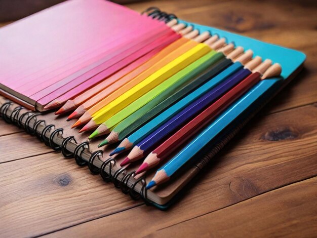 Notebooks with colourful pencils on a wooden desk