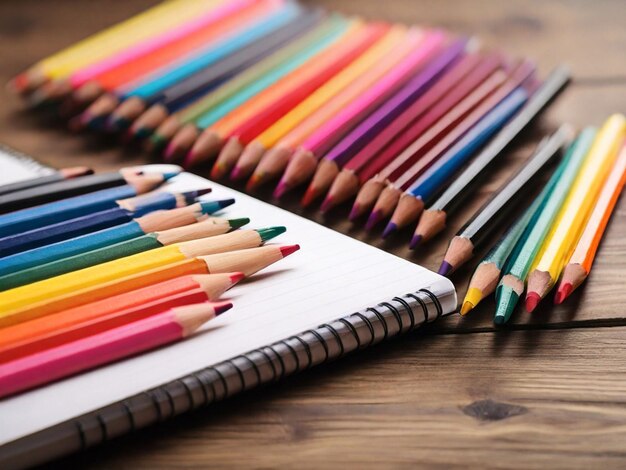 Notebooks with colourful pencils on a wooden desk