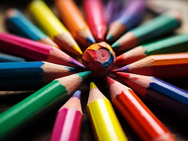 Photo notebooks with colourful pencils on a wooden desk