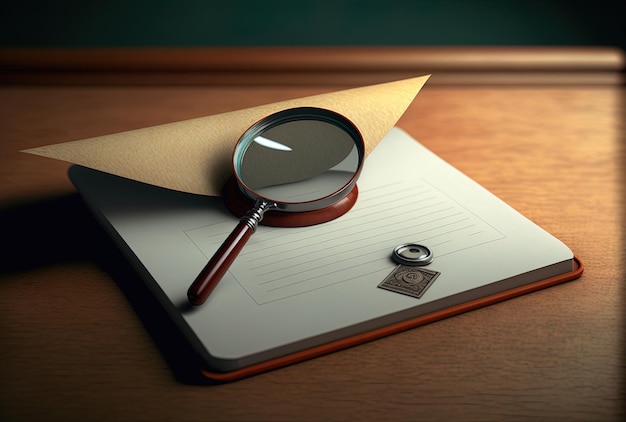 Notepad and email sign with a magnifying glass