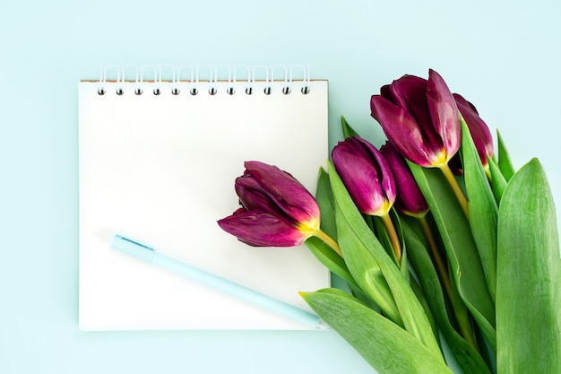 Фото Блокнот для письма и цветов тюльпанов на пастельно-синем фоне, место для текста