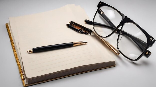 Notepad glasses and pen on a white background top view