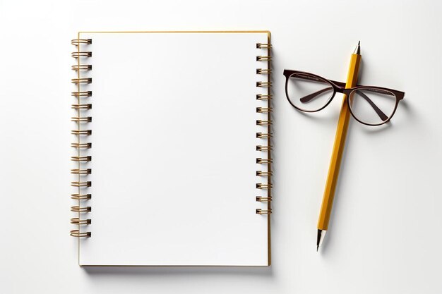 Notepad glasses and pen on a white background top view