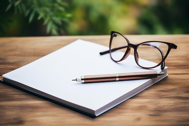 Notepad glasses and pen on a white background top view