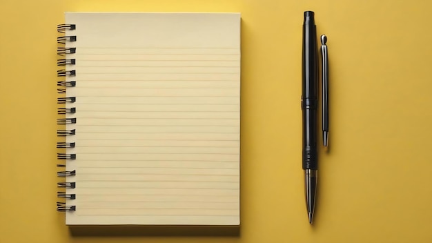 Notepad and pen on a yellow background top view