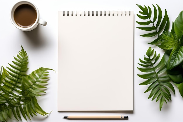 notepad pencil and green leaf pot palnt with coffee cup on white Generative ai