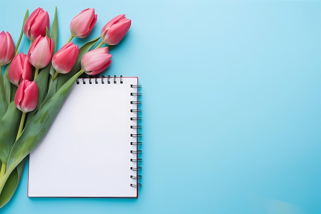 Photo notepad and pink tulips on blue background
