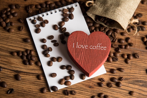 Notepad red heart and coffee beans