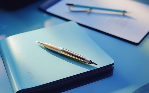 Photo notepad on a table with pen before meeting blue tone business concept with copy space