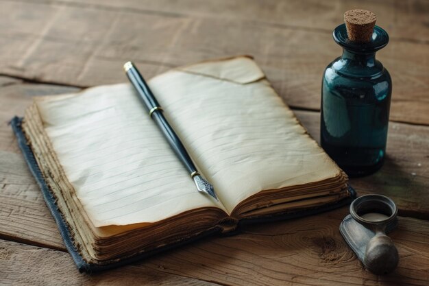 A notepad with kraft paper unfolded lies on a wooden surface with an ink pen