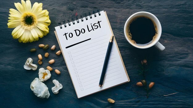 Notepad with to do list pen coffee cup and flower