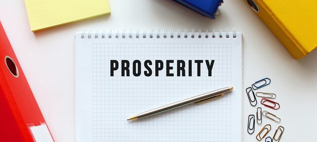 写真 ドキュメント フォルダーと事務用品の近くに、白い背景に prosperity というテキストが付いたメモ帳