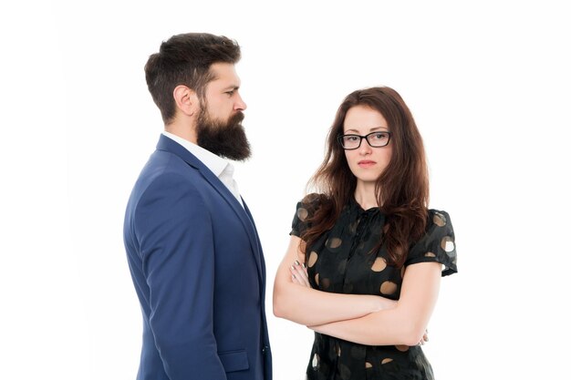 Nothing personal just business Couple colleagues man with beard and pretty woman on white background Business partners leadership and cooperation balance Office job and business Business concept