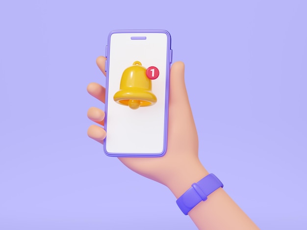 Колокольчик уведомлений рука держит мобильный телефон с желтым колокольчиком на экране 3d рендеринг