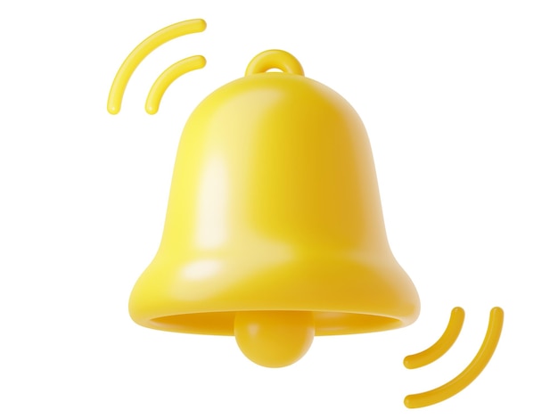 Notification bell icon 3d render cute cartoon illustration of simple yellow bell for reminder or notice concept