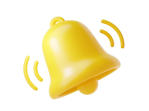 Notification bell icon 3d render cute cartoon illustration of simple yellow bell for reminder or notice concept