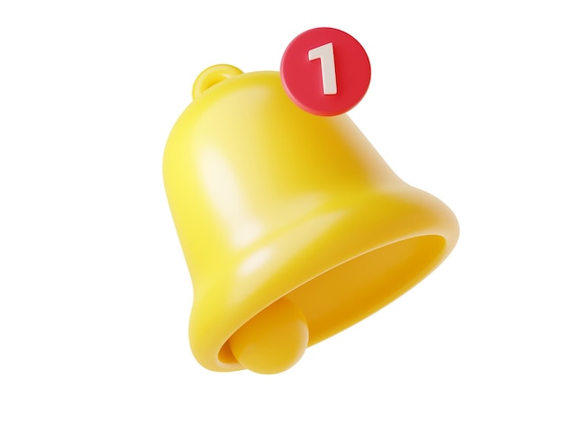 Notification bell icon 3d render cute cartoon illustration of simple yellow bell with number one