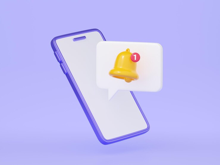 Колокол уведомлений на экране мобильного телефона 3d рендеринг