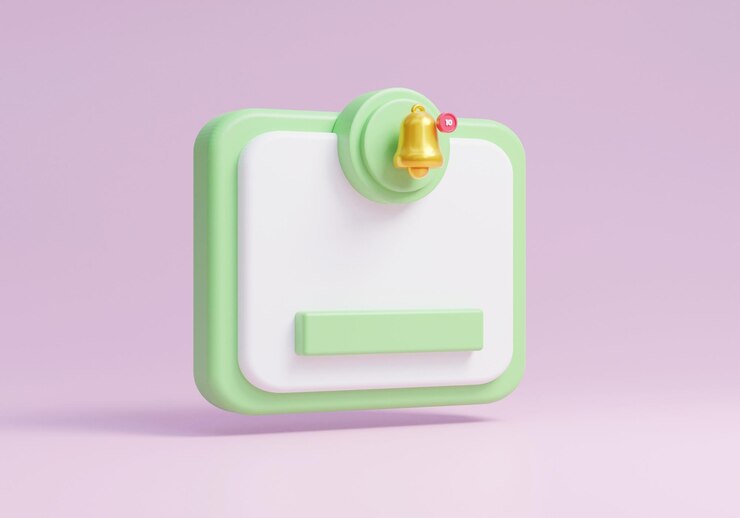 Photo notification bell reminder alert 3d render ui icon on pink background