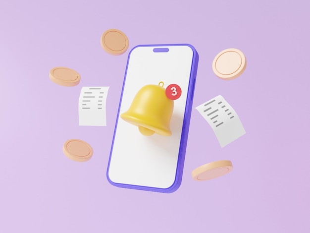 휴대 전화 앱 청구서를 통한 알림 벨 온라인 결제 신용 카드 개념 자금 이체 금융 거래 동전은 보라색 배경 최소 만화 환불 캐쉬백 3d 렌더링에 떠 있습니다.