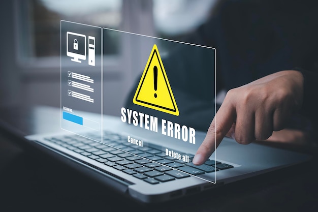 notification error 404 and maintenance with triangle caution warning sign for notification error Programmer using laptop with triangle caution warning sign hacker attacks cyber crime cyber security