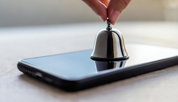 Photo notification message bell alert and alarm on blurred desk with close up smartphone reminder