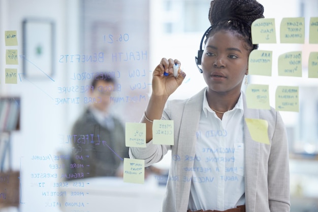 Noting her customers main concerns Shot of a young businesswoman wearing a headset while brainstorming with notes on a glass wall in an office