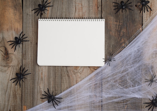 Notitieblok openen met lege witte pagina's, spinnenweb en zwarte spinnen