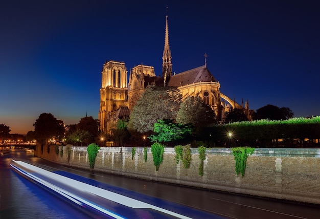 Notre Dame cathedral at night in Paris, France