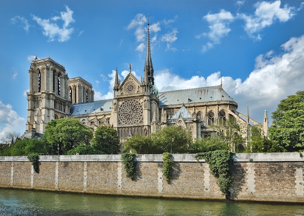 Notre-Dame de Paris, France along the Seine river. Pre-2019 fire shot with spire intact