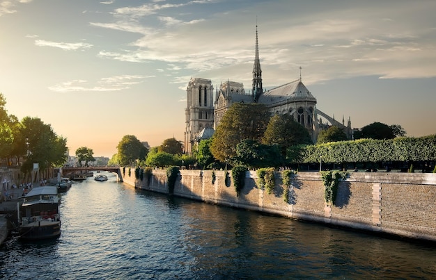 Notre Dame de Paris op de Seine in de ochtend, Frankrijk