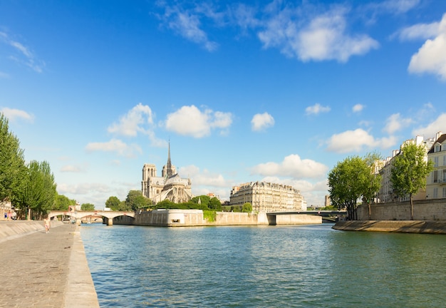 Notre Dame kathedraal kerk, site eiland en dijk van de Seine op zomerdag, Parijs, Frankrijk