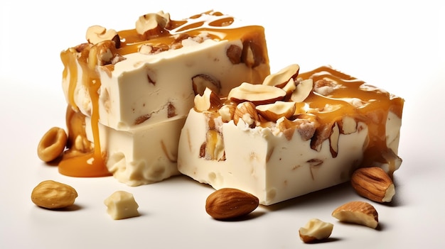 Nougat candy with caramel and nuts isolated on a white background