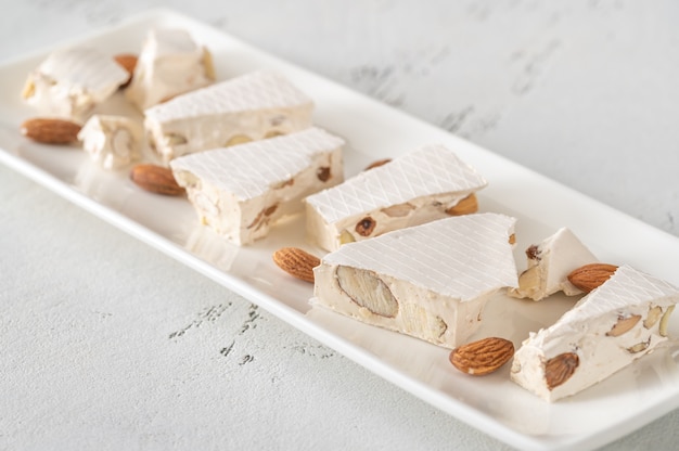 Nougat slices on a white plate