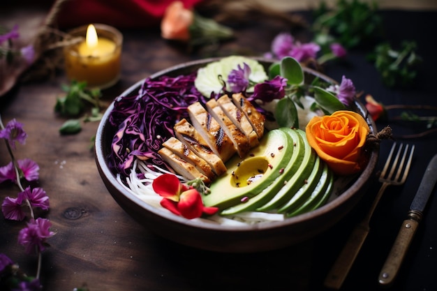 Nourishing Buddha Bowl Highlighting Grilled Chicken Avocado and Cabbage