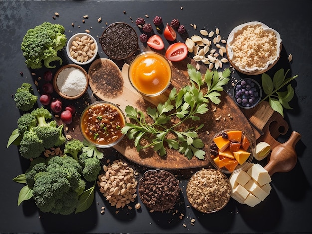 Nourishing Delights Selection of Healthy Food on Rustic Wooden Background