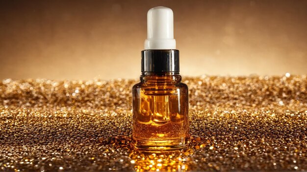 Photo nourishing face oil with golden droplets radiant glow silky texture warm illumination mockup