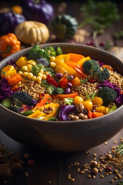 다채로운 구운 야채 고대 곡물로 가득 찬 영양가 있는 수확 그릇