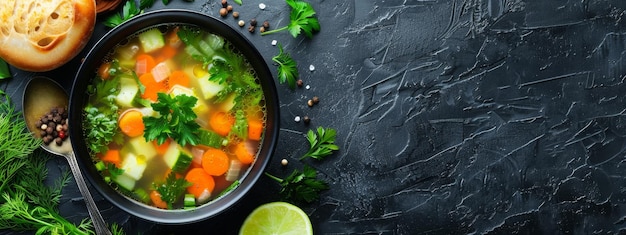 Foto una nutriente zuppa di verdure servita in una ciotola con ingredienti freschi e un cucchiaio