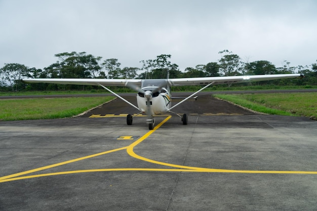 Nov 4 2021, Shell, Pastaza, Ecuador. Light Aircraft on small runway in the Amazon Region of Ecuador