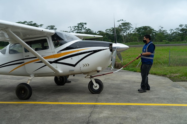 Nov 4 2021, Shell, Pastaza, Ecuador. Light Aircraft on small runway in the Amazon Region of Ecuador