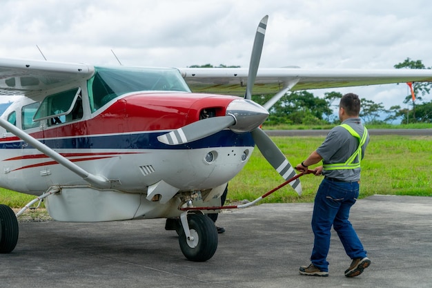 Nov 5 2021, Shell, Pastaza, Ecuador.  Light Aircraft on small runway in the Amazon Region of Ecuador